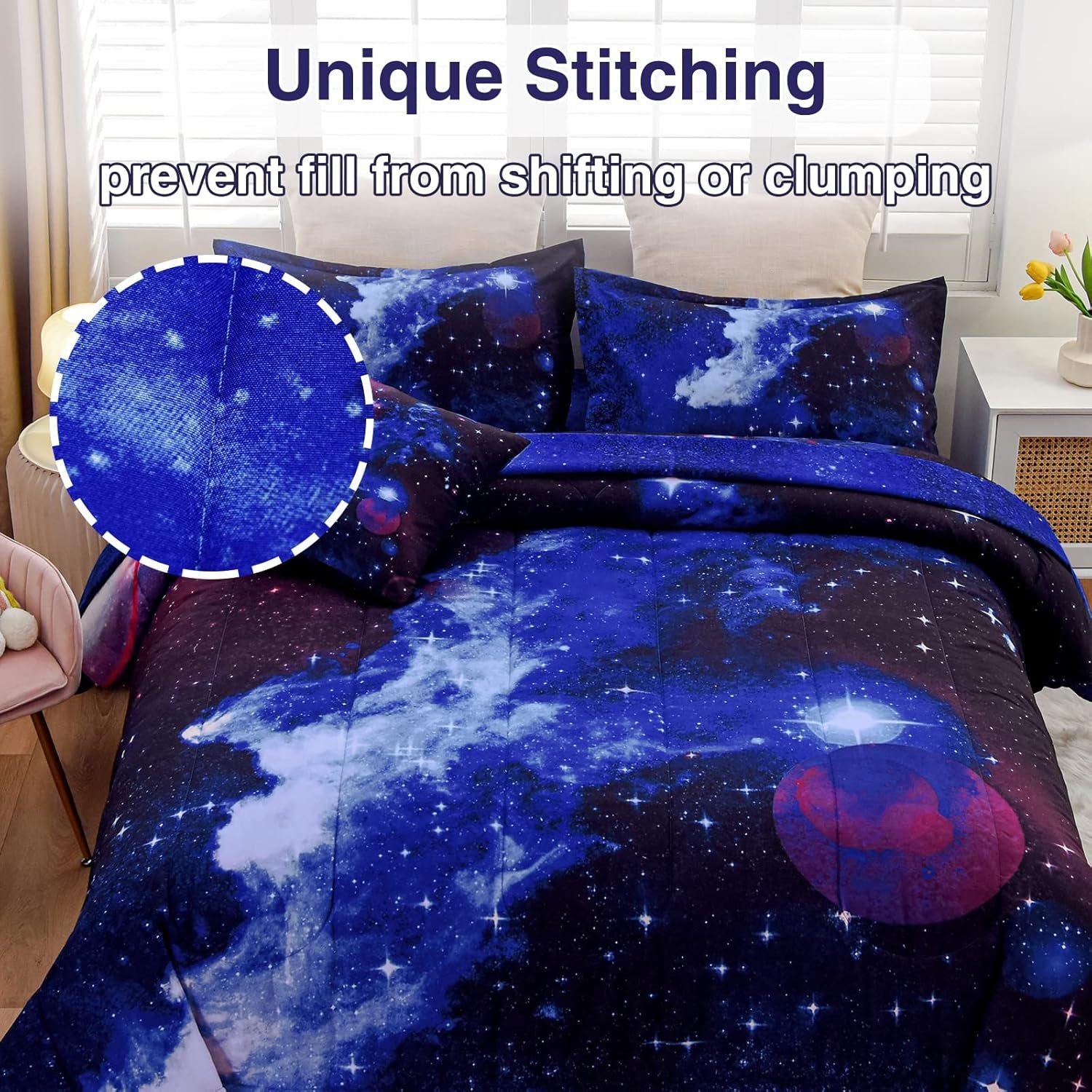 Galaxy 6Pcs Bedding Sets Outer Space Comforter Bed in a Bag 3D Printed Quilt,For Children Boy Girl Teen Kids,Full 6Pcs