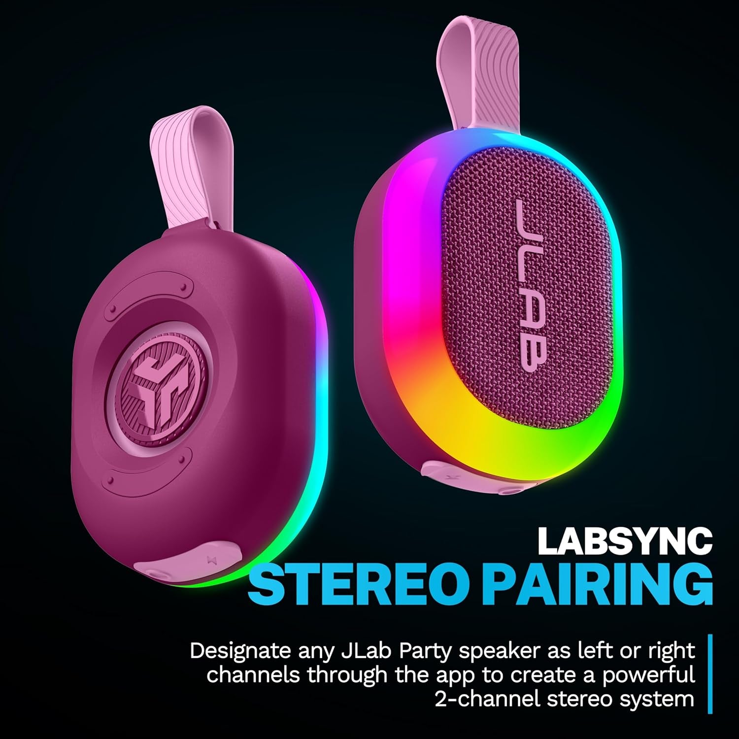 , Pop Party, Portable Bluetooth Speaker, Waterproof, RGB Lighting, Labsync, Mulberry