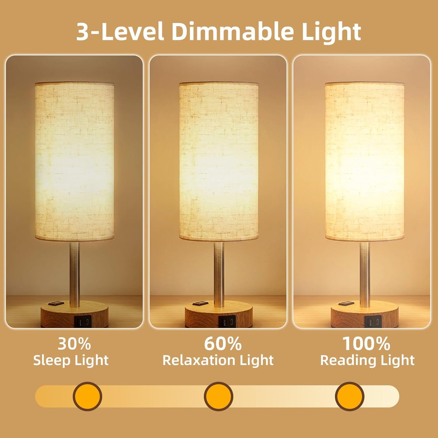 Table Lamp for Nightstand, High-Sensitivity Touch, 3-Level Dimmable Bedside Lamp with AC Outlet | USB | and USB-C, Ideal Night Stand Lamp for Bedroom, Reading, Living Room(Warm&Wooden)