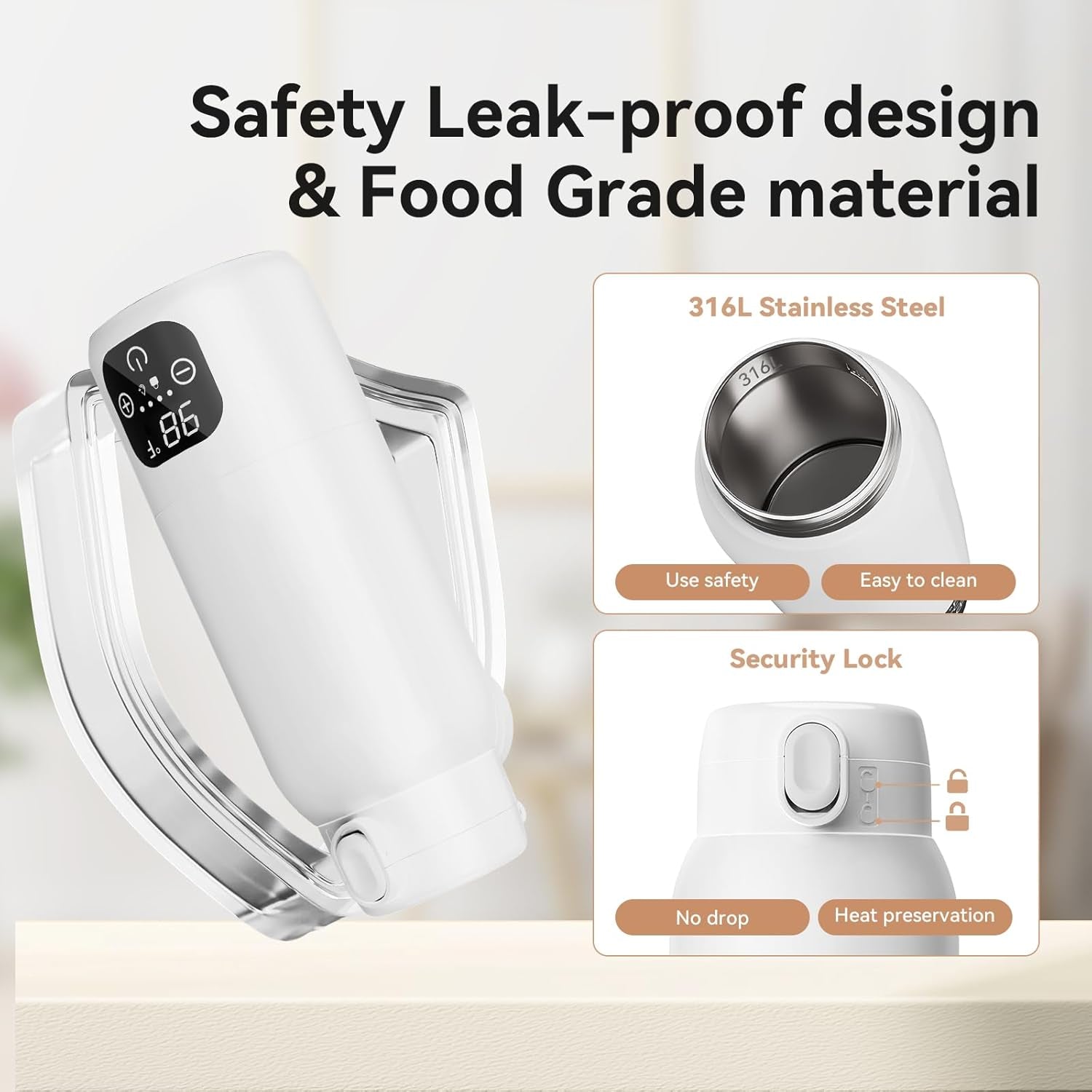 Portable Baby Bottle Warmer for Travel, 17 Oz Stainless Steel 316L Tank, 3 Min Quick Heat & Pasteurization Function, Smart Dual Temp Control for Sustained All-Day Warmth of Breast Milk/Formula/Water.