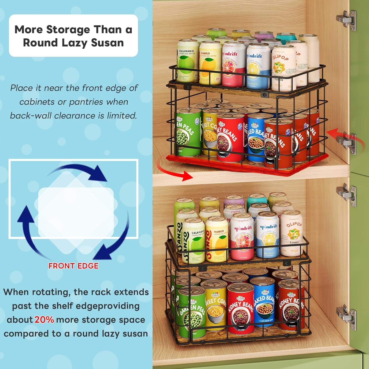 360Â° Rotating Can Rack Organizer for Pantry, 2-Tier Lazy Susan Can Organizer Holds up to 26 Soda Cans, Metal Wire & Wood Shelf with Turntable Storage for Kitchen Cabinet, Pantry & Countertop