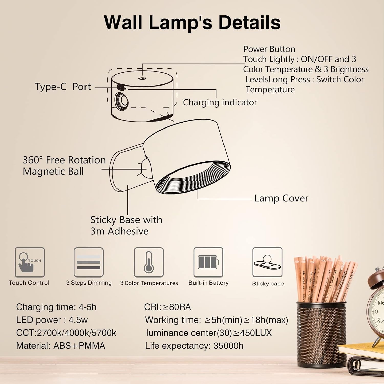 LED Sconces, Wall Mounted Lamps with Rechargeable Battery Operated USB Port 3 Color Temperatures & 3 Brightness Levels 360Â°Rotate Magnetic Ball, Cordless Lights for Reading Bedside