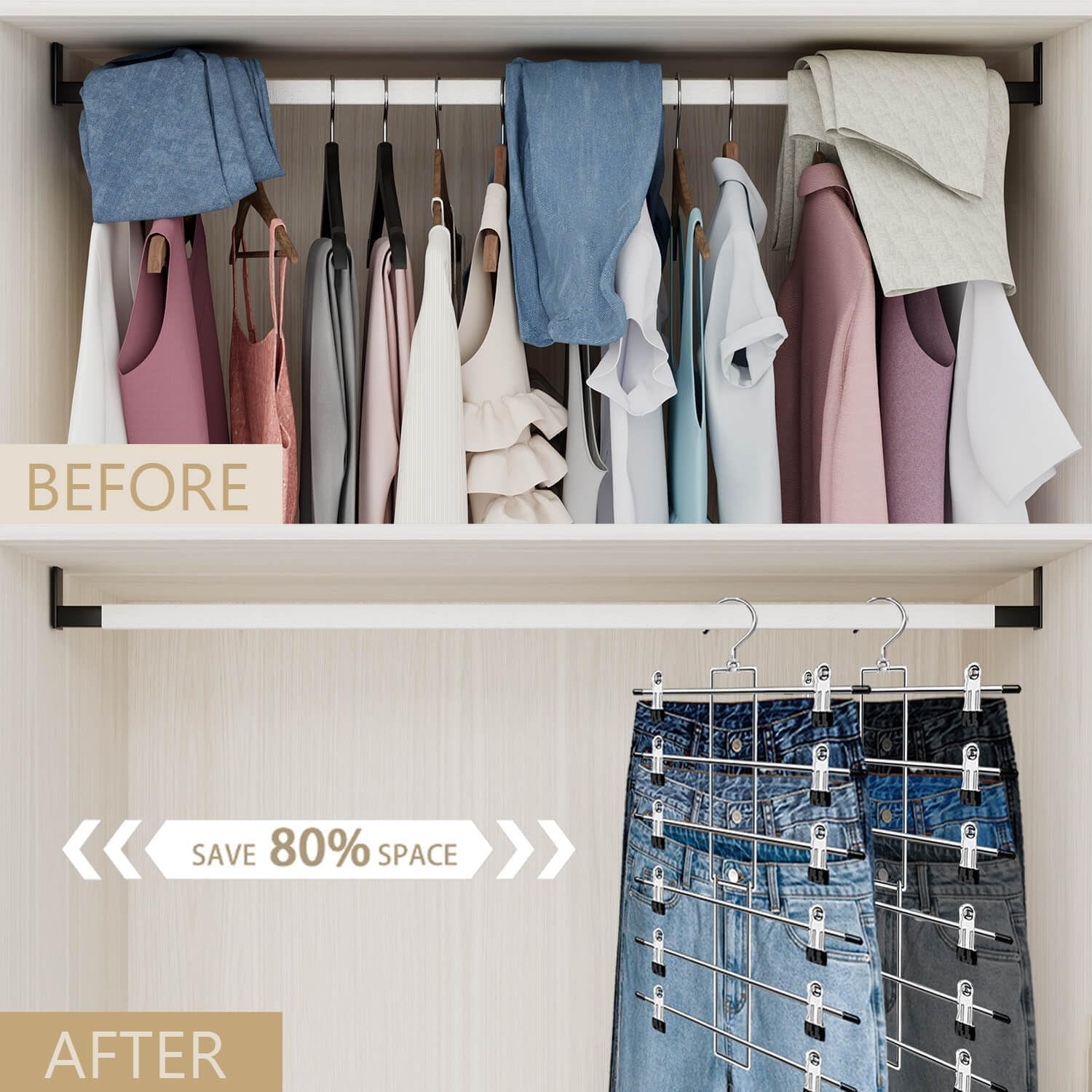 Pants Hangers with Clips,Space Saving Hanging Closet Organizer-6 Tiers Skirt Hangers with 360Â° Swivel Hook,Closet Organizer-Clothes Hangers- College Dorm Essentials Apartment Essentials-2 Pack