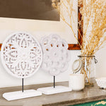 2 Pack Wooden Carved Cutout Flower Medallion Sculpture, Rustic Distressed White MDF Statues Home Tabletop Decor, Decorative Ornaments for Living Room, Bedroom, Office Desktop, Cabinets