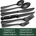 24-Piece Black Silverware Set with Steak Knives, Black Flatware Set for 4, Food-Grade Stainless Steel Tableware Cutlery Set, Mirror Finished Utensil Sets for Home Restaurant, round Edge