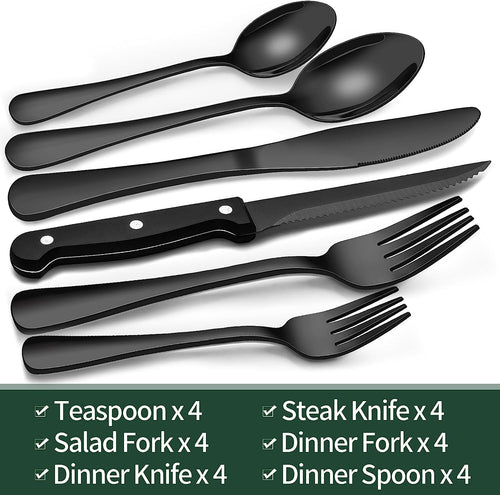 24-Piece Black Silverware Set with Steak Knives, Black Flatware Set for 4, Food-Grade Stainless Steel Tableware Cutlery Set, Mirror Finished Utensil Sets for Home Restaurant, round Edge