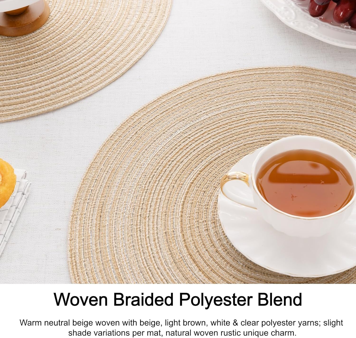 round Braided Placemats Set of 4 Washable Place Mats for Dining Tables 15 Inch Non Slip Kitchen Table Mats (Beige, 4)