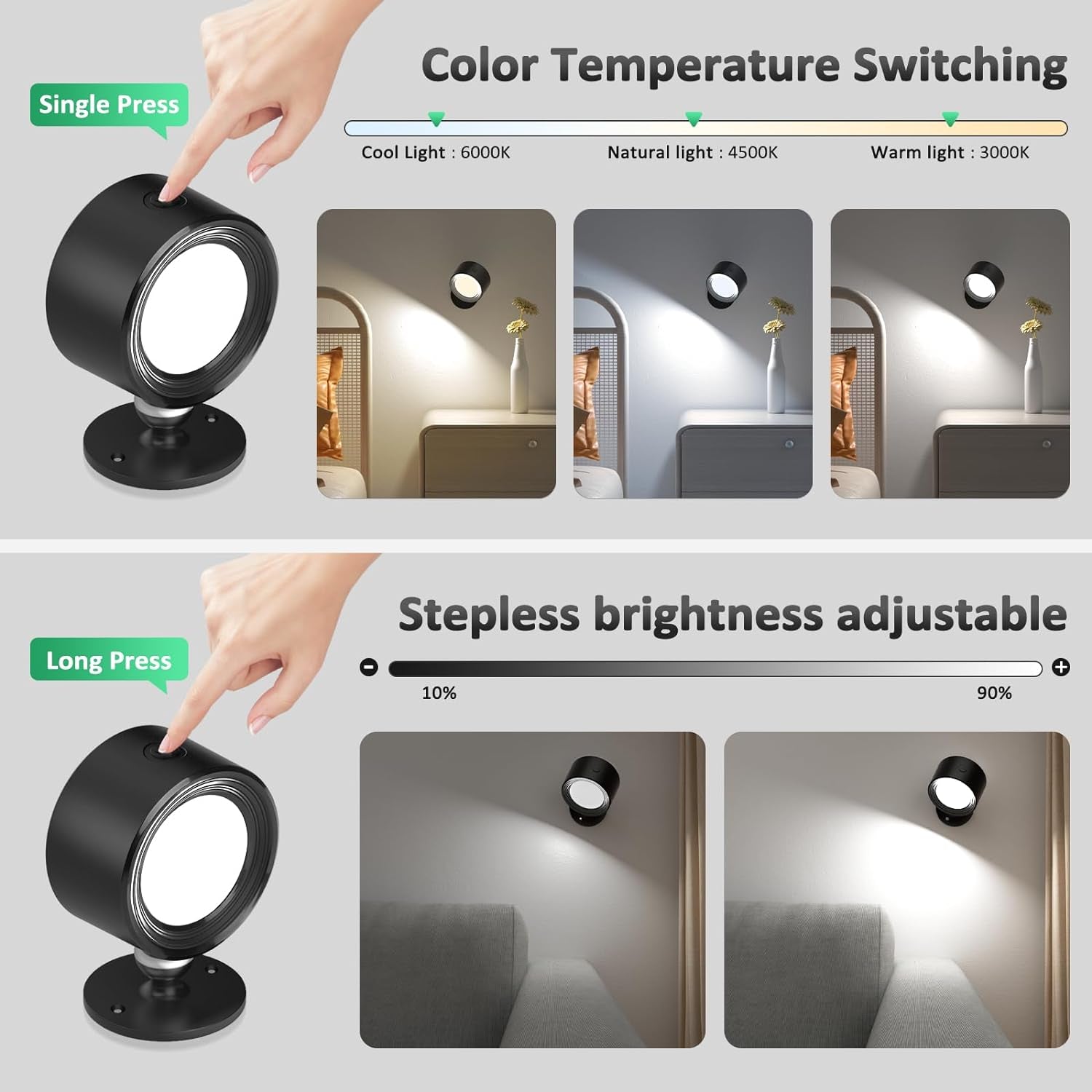 LED Wall Lights with Remote, Wall Mounted Sconces 3000Mah Rechargeable Battery Operated 3 Color Temperatures & Dimmable Magnetic Ball 360Â°Rotation Cordless Wall Light for Bedroom Bedside
