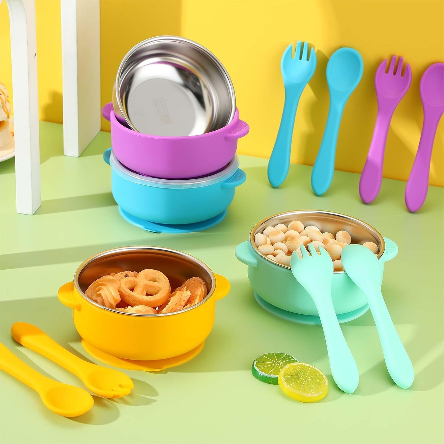 4 Sets 304 Stainless Steel Baby Bowls with Removable Silicone Shell Toddler Bowls with Suction Kids Bowls with Lids Spoons and Fork anti Scald, Dishwasher Safe (Blue,Green,Yellow,Purple)