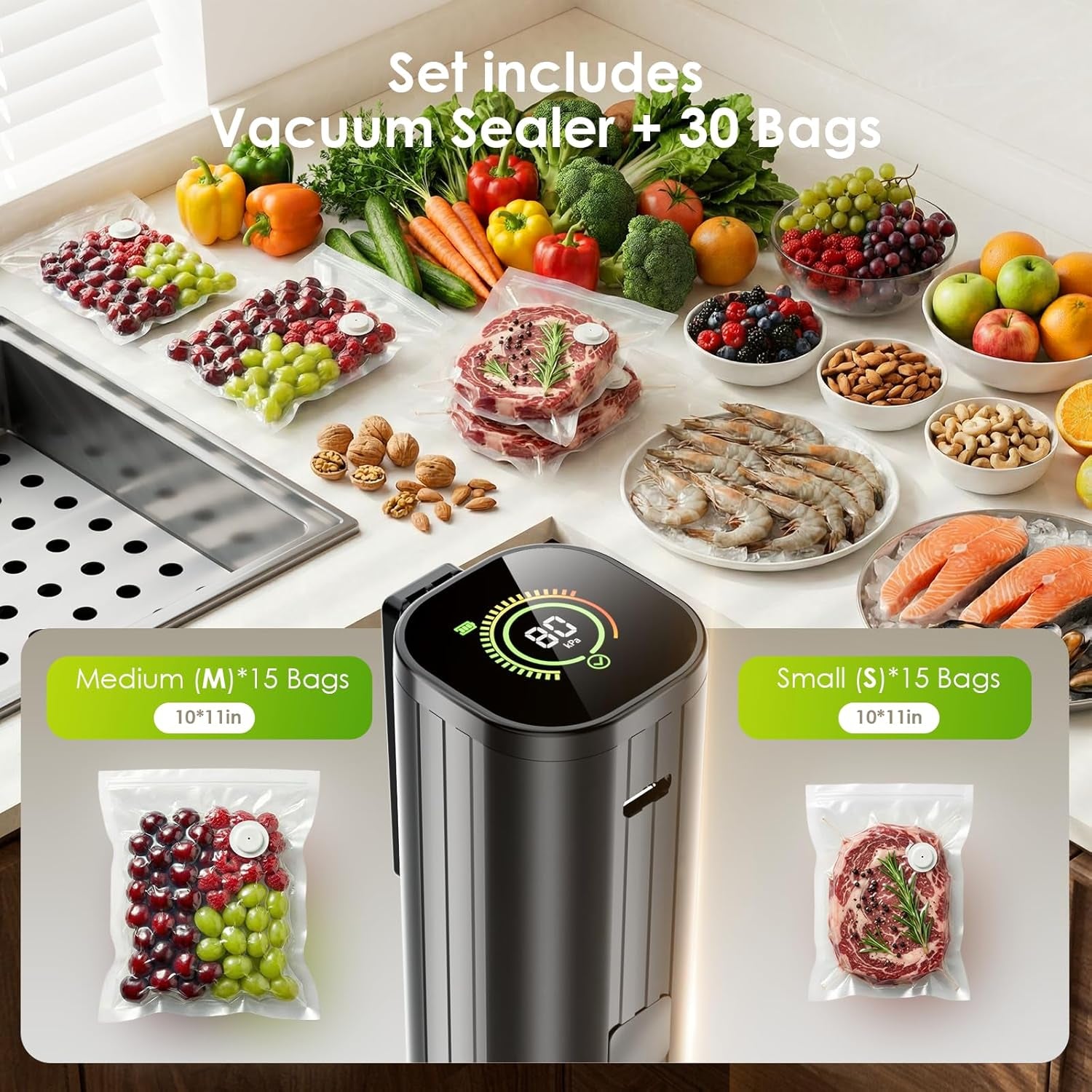 Vacuum Sealer, Portable Handheld Vacuum Sealer + 30 Reusable Vacuum Bags, Portable Food Sealer, with LED Pressure Display, 2-Speed Pressure Control (60/80 Kpa)