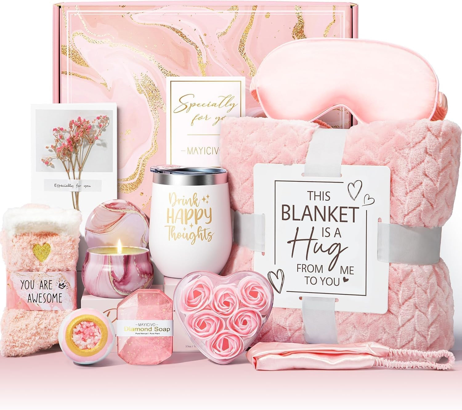 Mothers Day Birthday Gifts for Women Self Care Get Well Soon Gifts, Rose Relaxing Spa Gift Basket Thinking of You Care Package with Flannel Blanket, Unique Gift for Her Mom Wife Grandma Friend Sister