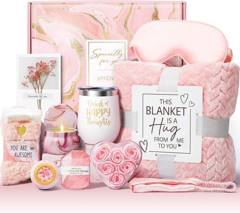Mothers Day Birthday Gifts for Women Self Care Get Well Soon Gifts, Rose Relaxing Spa Gift Basket Thinking of You Care Package with Flannel Blanket, Unique Gift for Her Mom Wife Grandma Friend Sister