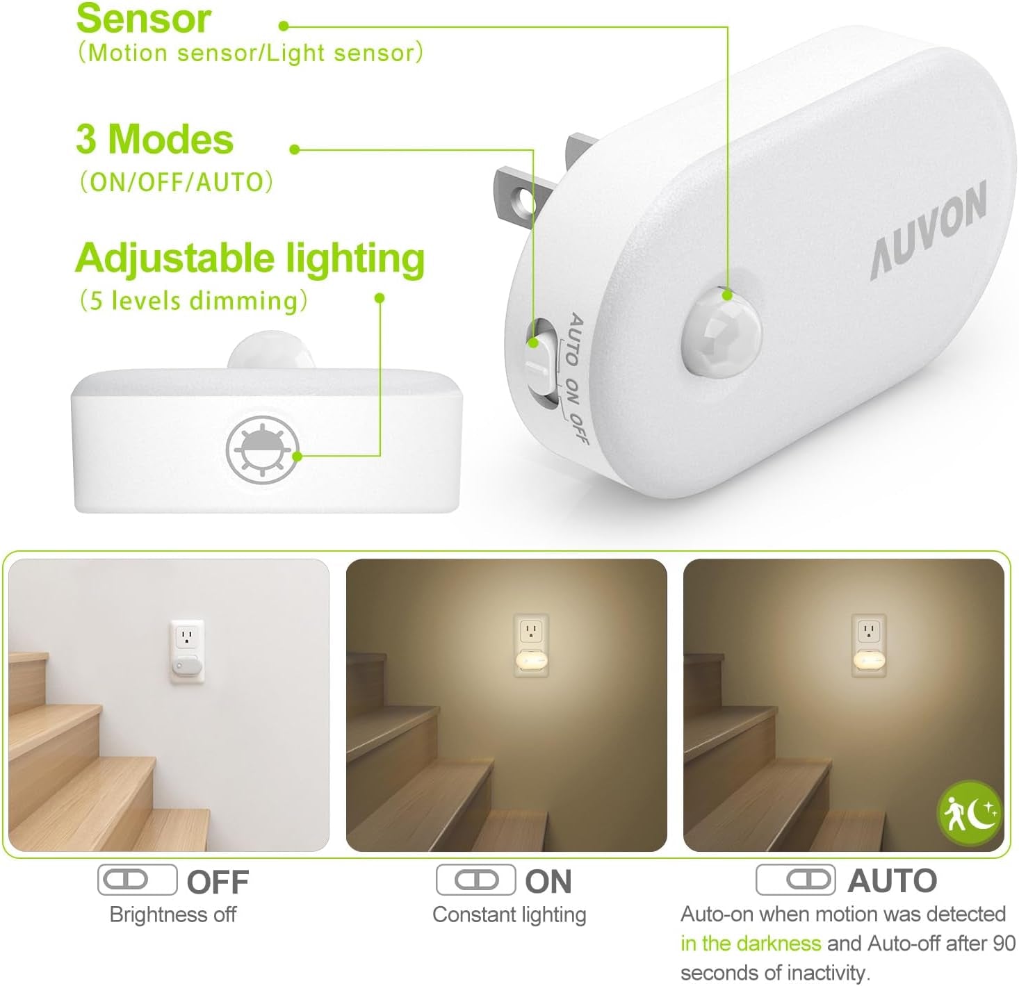 Night Light Plug in with Motion Sensor (120 Lumens), Dimmable Smart LED Night Lights, 1-120Lm Brightness, for Bathroom, Hallway, Garage, Toilet (4 Pack)