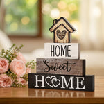 Smile 4 Pcs Farmhouse Wooden Tabletop Decor Home Tiered Tray Decoration, Rustic Retro Neutral Wood House-Shaped Block Sign, Centerpiece Suitable for Home Shelves Fireplace Mantels