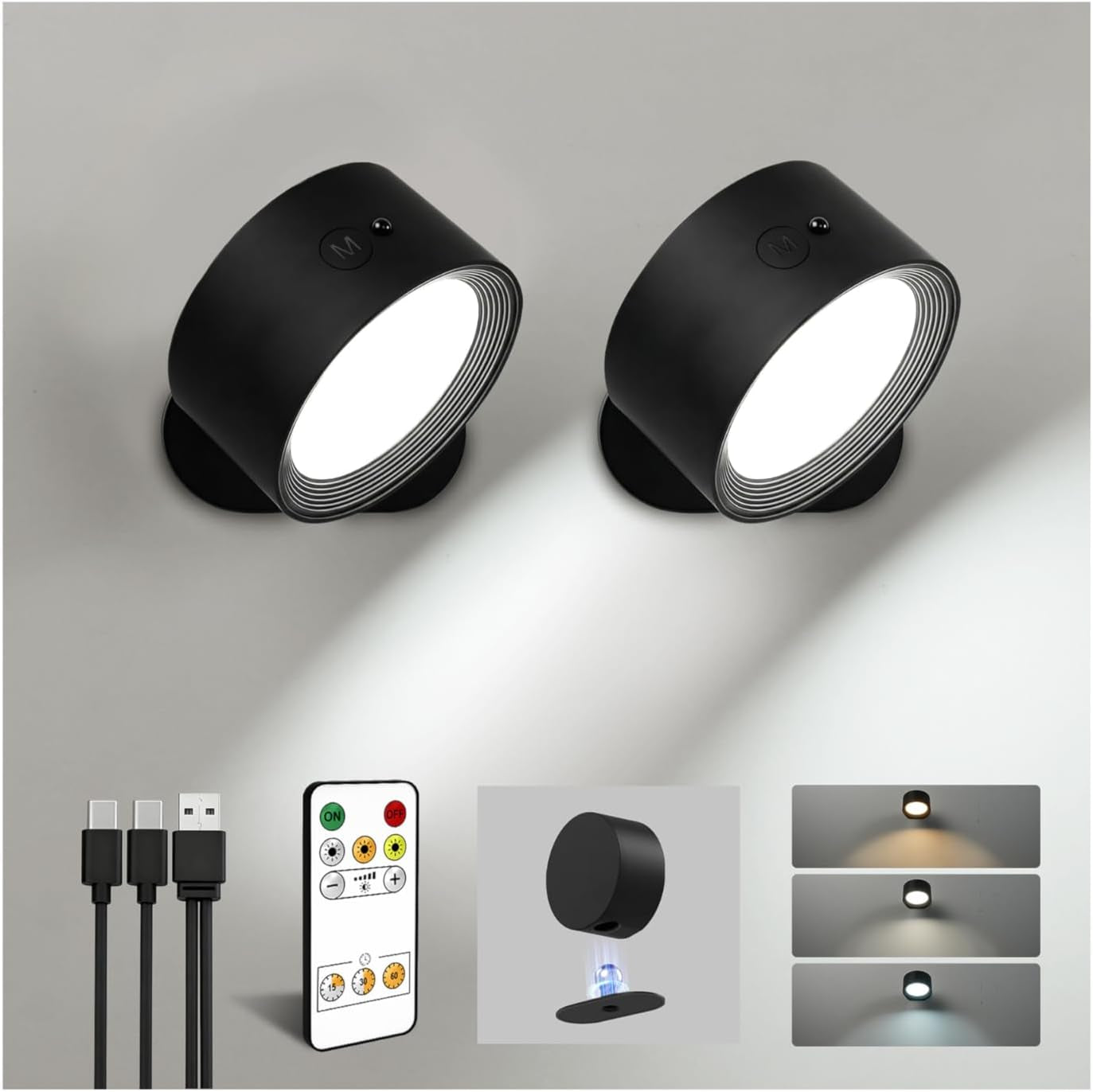 LED Wall Mounted Lights, Rechargeable Wall Sconces Lamp, 3 Color Temps & Remote and Touch, 360Â°Rotation Dimmable Cordless Wall Light for Study Bedroom Reading Bedside(Black, 2 Pack)