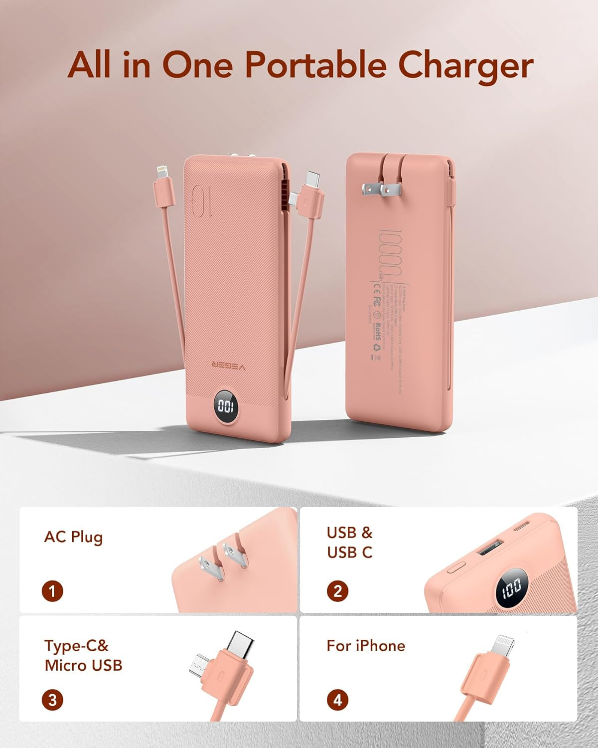 Portable Charger with Built-In AC Plug and Cables, All in One 10000Mah Ultra Slim Power Bank Travel Essentials, Fast Charging Battery Pack Compatible with Iphone, Samsung, More(Dark Pink)