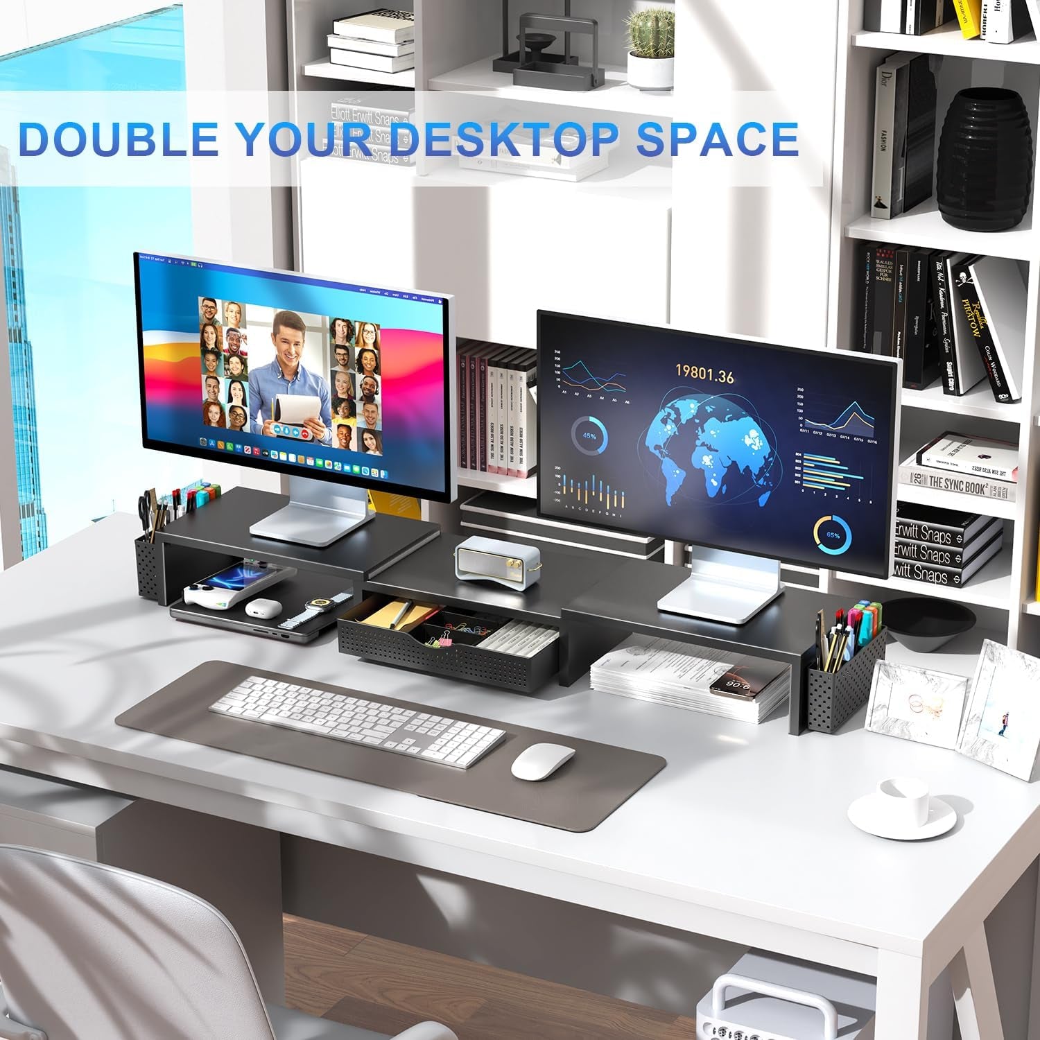 Dual Monitor Stand Riser, Desk Organizer with Drawer and 2 Pen Holders, Computer Monitor Stand, Desk Shelf for Top of Desk (Black)