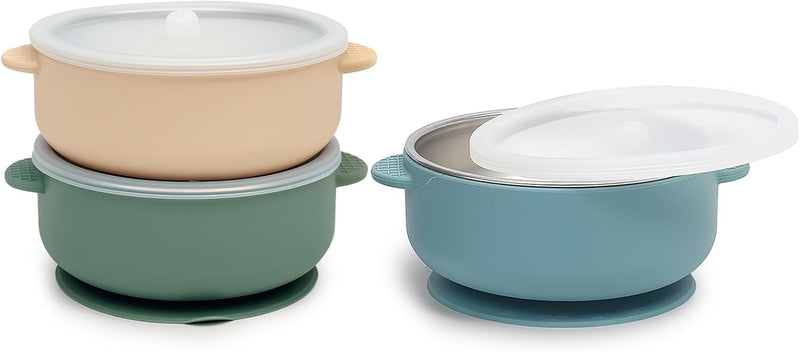 Baby & Toddler Bowls | Stay-Put Suction | Silicone & Stainless Steel with Leakproof Sealed Lids (Set of 3) | Portable Baby Food Bowls