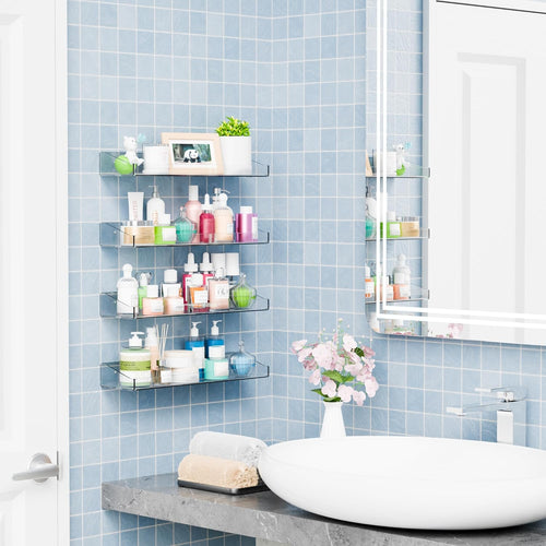 2 Pack Clear Shower Shelves for Tile Walls,Adhesive Acrylic Bathroom Shelves Organizer and Storage,No Drill Acrylic Shower Wall Caddy & Shelf,Floating Shelves for Makeup,Perfume,Shampoo Holder