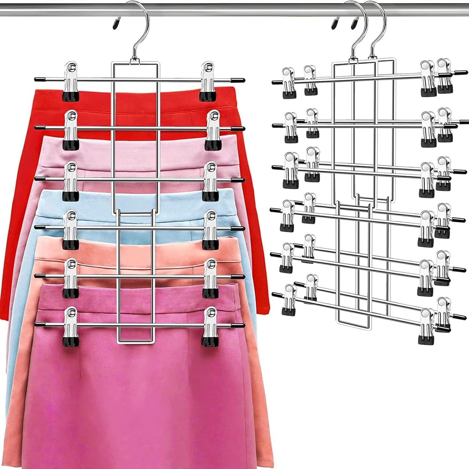 Pants Hangers with Clips,Space Saving Hanging Closet Organizer-6 Tiers Skirt Hangers with 360Â° Swivel Hook,Closet Organizer-Clothes Hangers- College Dorm Essentials Apartment Essentials-2 Pack
