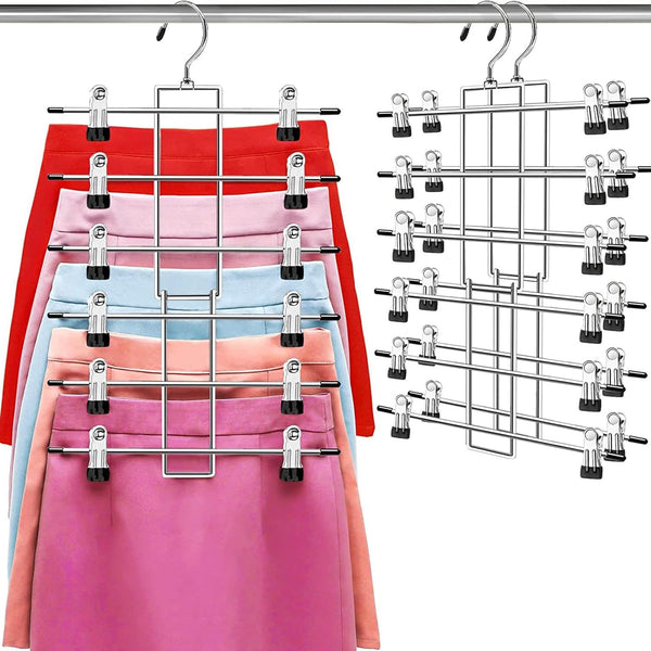 Pants Hangers with Clips,Space Saving Hanging Closet Organizer-6 Tiers Skirt Hangers with 360Â° Swivel Hook,Closet Organizer-Clothes Hangers- College Dorm Essentials Apartment Essentials-2 Pack