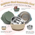 Baby & Toddler Bowls | Stay-Put Suction | Silicone & Stainless Steel with Leakproof Sealed Lids (Set of 3) | Portable Baby Food Bowls