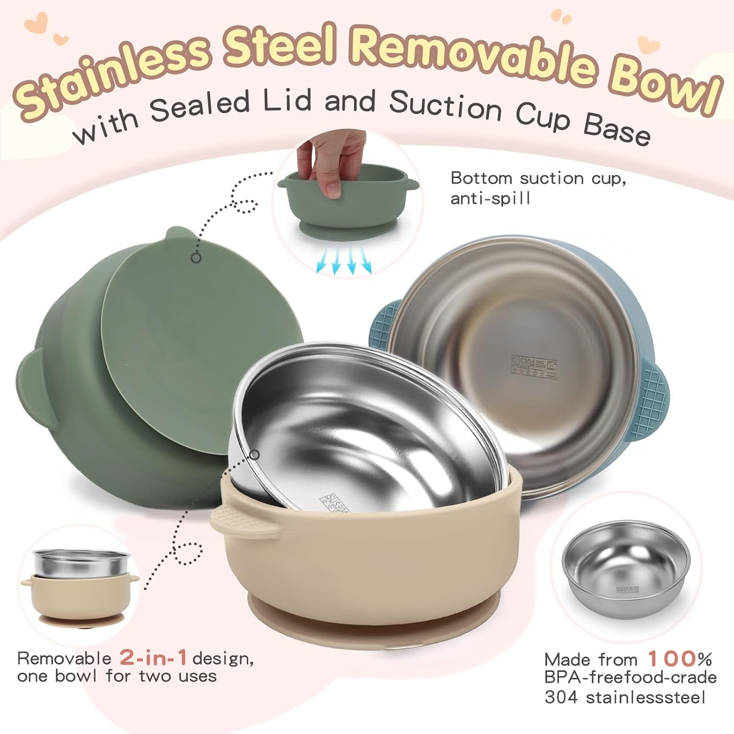 Baby & Toddler Bowls | Stay-Put Suction | Silicone & Stainless Steel with Leakproof Sealed Lids (Set of 3) | Portable Baby Food Bowls
