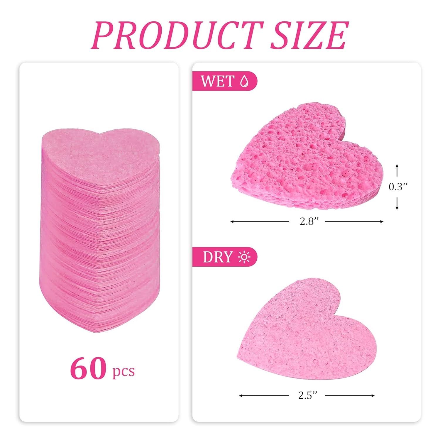 50-Count  Compressed Cellulose Heart Shape Facial Sponges | Natural Cosmetic Spa Sponges for Facial Cleansing | Exfoliating | Makeup Mask Removal | Reusable | Skin Massage (50 Count (Pink))