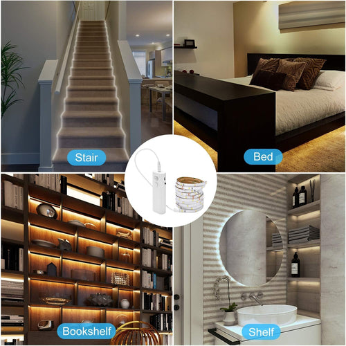 2 Pack Rechargeable LED Strip Lights with Motion Sensor -  2M Cool White LED Closet Light Motion Activated, under Cabinet Strip Light