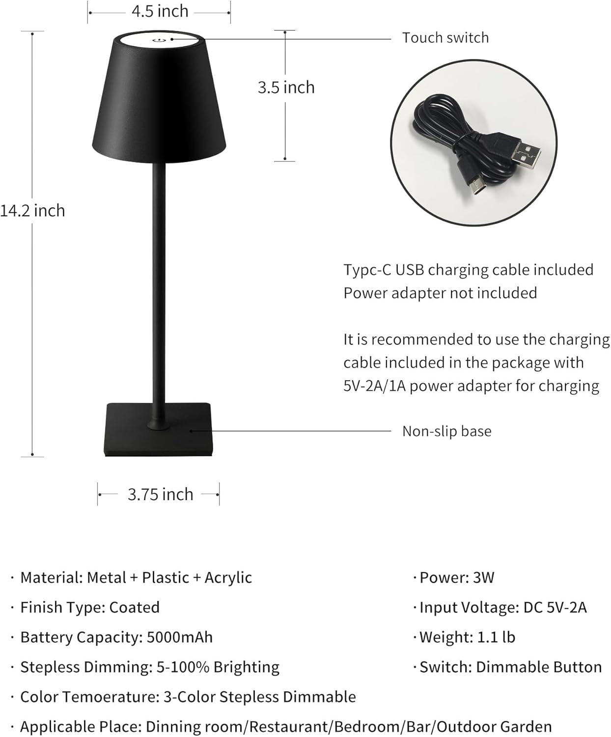 2 Pack Cordless Table Lamp, Portable LED Desk Lamps, 5000Mah Battery Operated, 3 Color Stepless Dimming Up, for Restaurant, Bedroom, Outdoor Camping, Coffee Shop, Night Light, Rechargeable (Black)