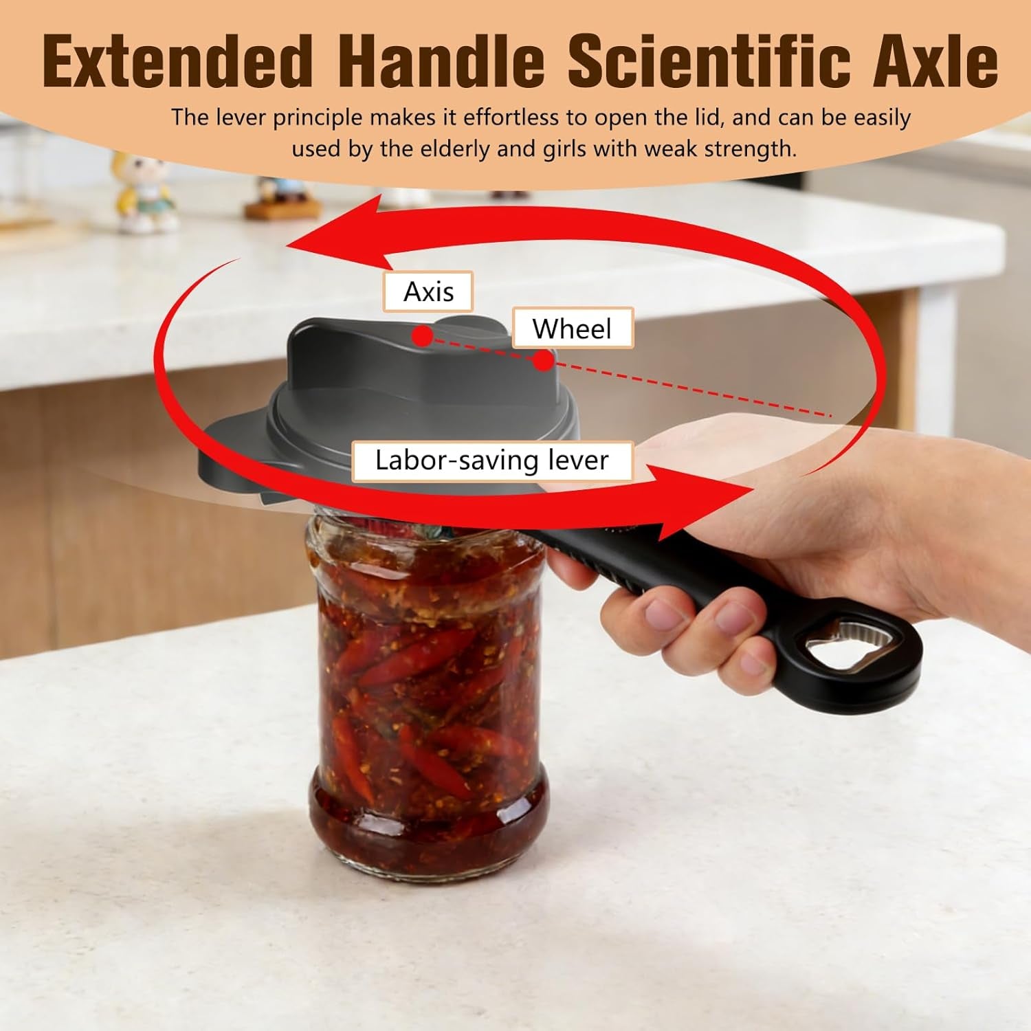 Multi-Functional Retractable Jar & Bottle Opener, Magnetic Stainless Steel Can Opener with Ergonomic Handle, Friendly Kitchen Gadget (Black)