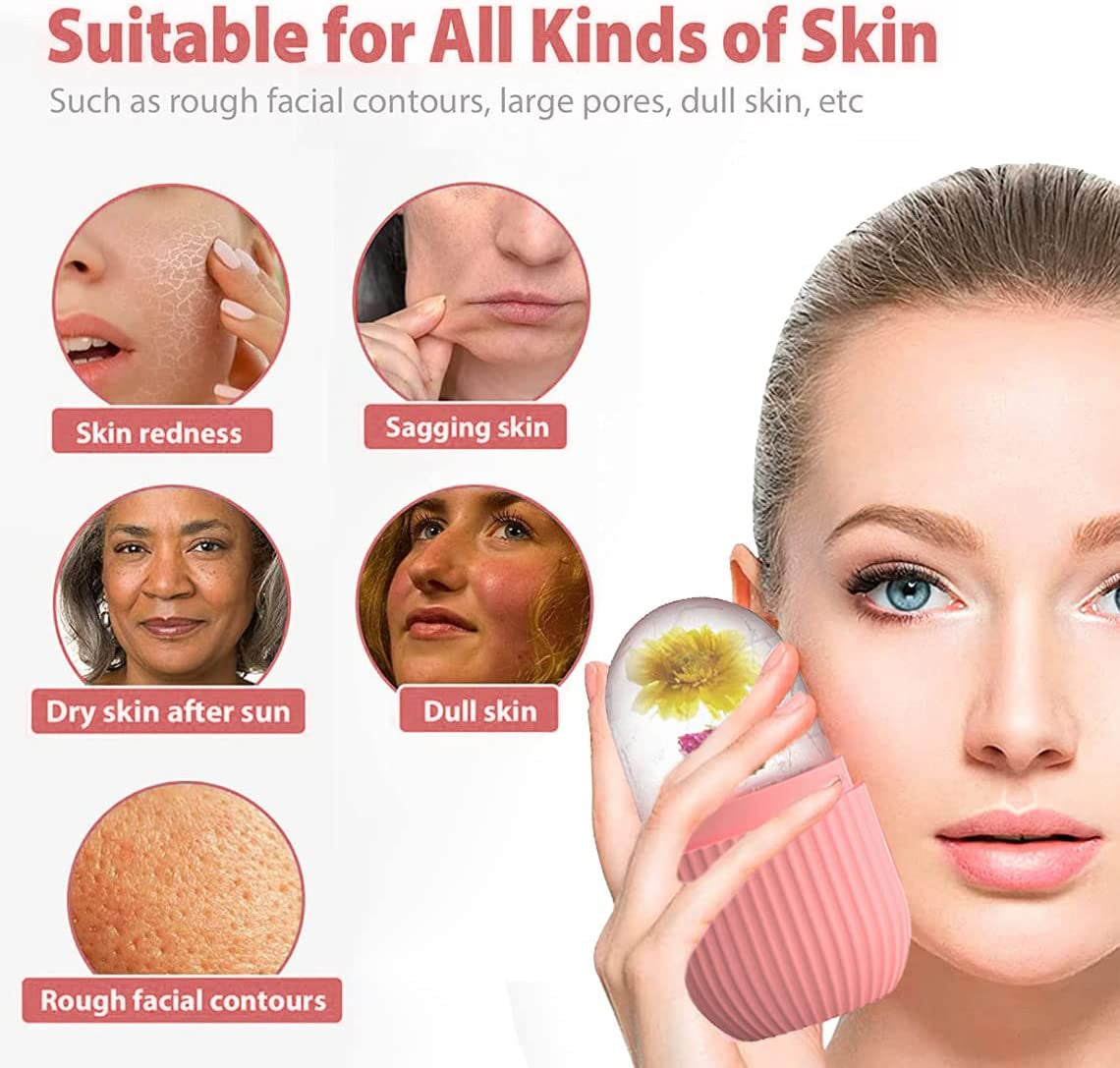 Ice Cube Roller Massager for Face, Eyes and Neck Naturally Conditioning and Skin Care,De-Puff Eye Bags,Reduce Migraine Pain,Reusable Massage Silicone Ice Mold (Pink)