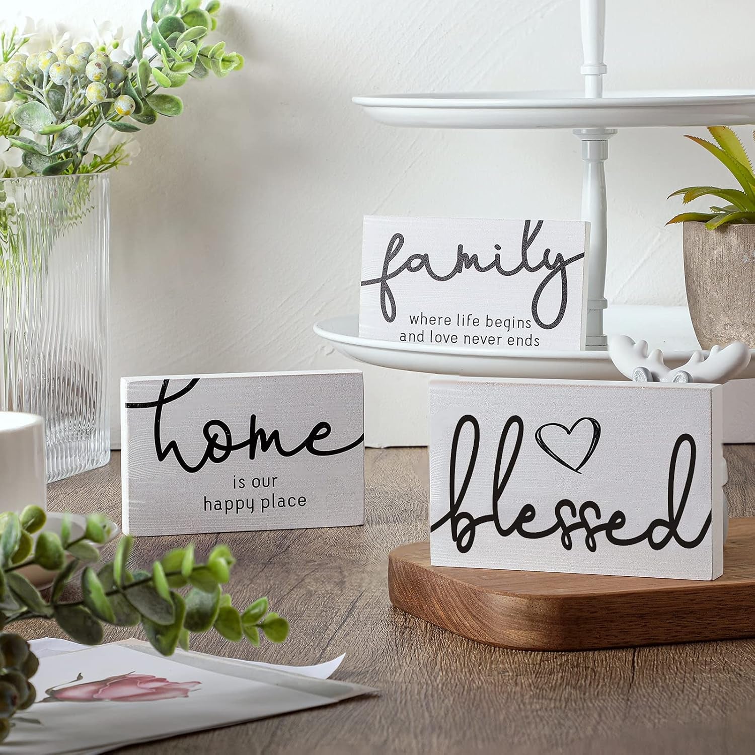 3 Pcs Family Home Blessed Rustic Wood Sign Mini Wood Decorative Farmhouse Woodworks Table Shelves Decorations Sign for Bedroom Kitchen Living Room Table Decor(White,4.25 X 2.76 X 0.59 In)