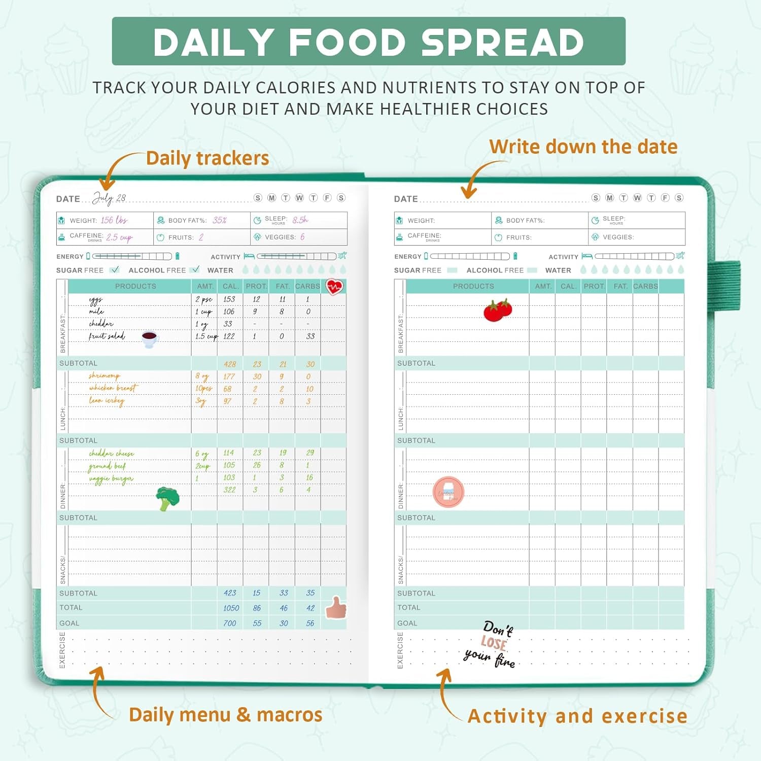Food Journal for Women Weight Loss & Fitness - Meal Planner & Calorie Counter Book | A5 Food Diary for Gym, Yoga & Healthy Eating | 90D Undated Wellness Nutrition Journal for Women & Men Workout, Green
