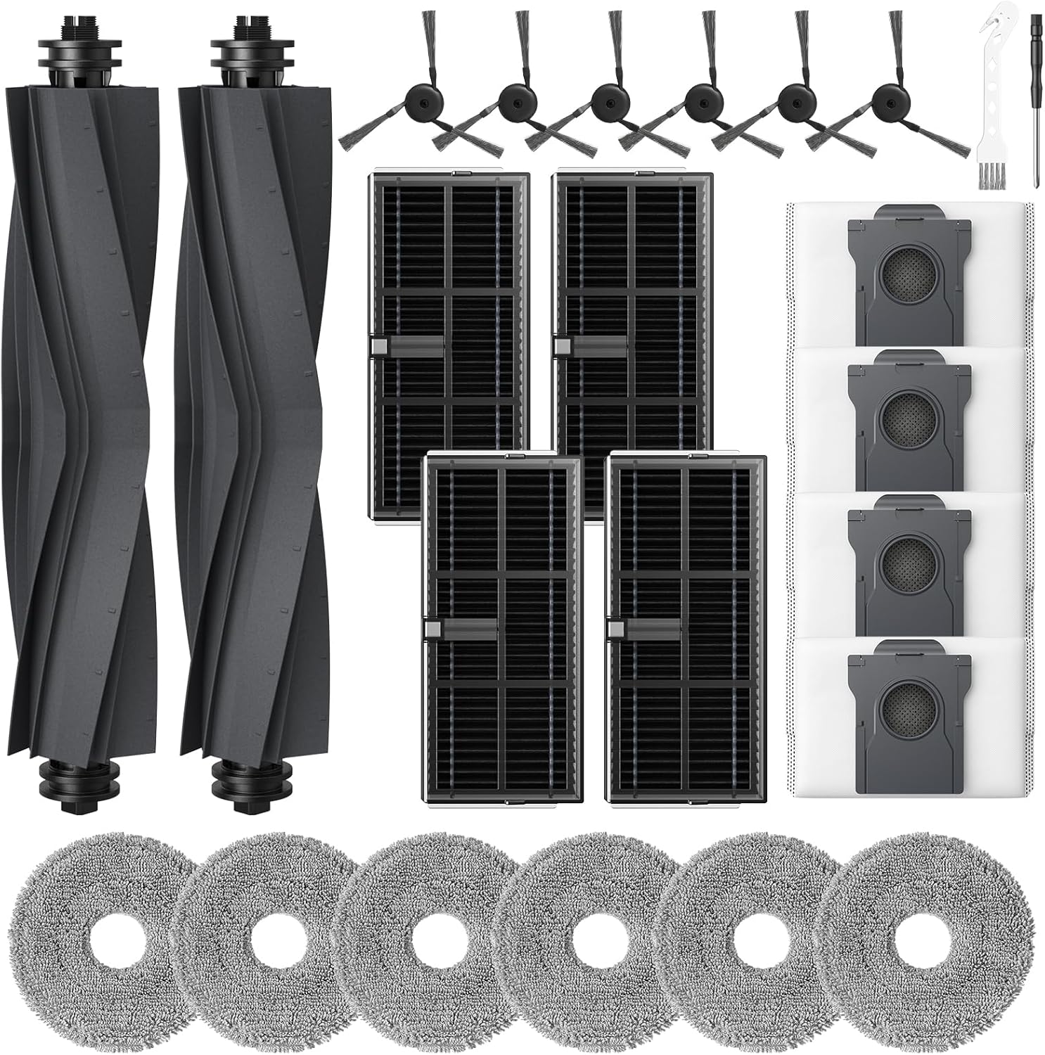 Accessories for Dreame L40 Ultra (Gen 2)/ X40 Ultra/ X40 Master/ D30 Ultra, for MOVA P10 Pro Ultra (Gen 2)/ P50 Pro Ultra, 2*Rubber Main Brushes, 4*Dust Bags, 6*Mop Pads, 4*Filters, 6*Side Brushes