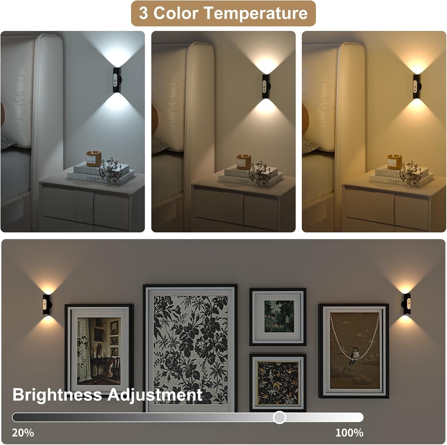 Motion Sensor Wall Lights Indoor, 2-Pack Rechargeable Wireless Wall Sconces with Remote Control, Magnetic Stick on LED Wall Lamp for Bedroom, Hallway, Stair, 3 Color Modes & Dimmable