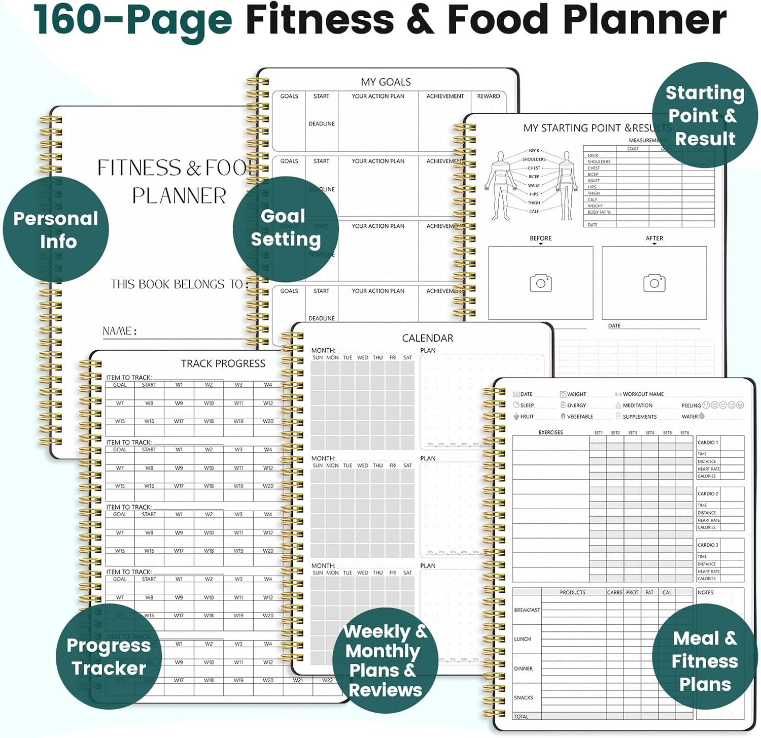 Fitness Journal for Women & Men, Food & Workout Journal Planner Log Book with Measuring Tape, Undated Wellness Planner to Track Weight Loss, Muscle Gain, Home Gym Exercise, Daily Nutrition, 9.5" X 7"