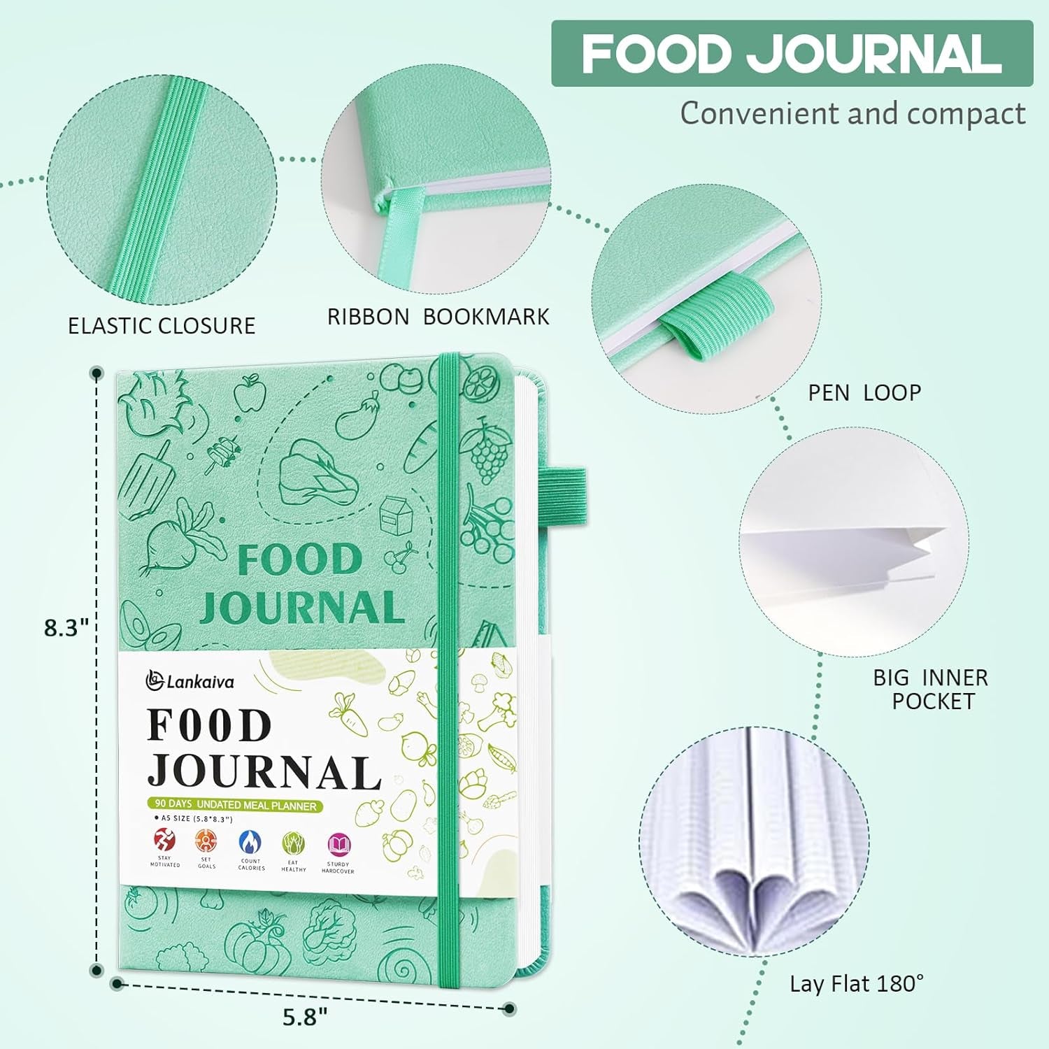 Food Journal for Women Weight Loss & Fitness - Meal Planner & Calorie Counter Book | A5 Food Diary for Gym, Yoga & Healthy Eating | 90D Undated Wellness Nutrition Journal for Women & Men Workout, Green