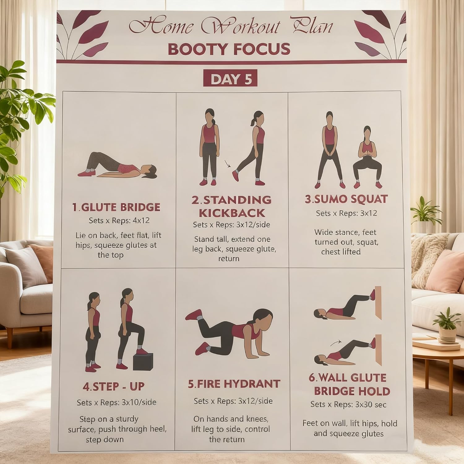 6-Pack Dumbbell Workout Posters for Beginners | Home Fitness Plan with Daily Exercise Routines for Weight Loss & Muscle Tone, Strength & Flexibility | Cycle through Daily Guided Workouts | 8X10 Inch Charts (Red)