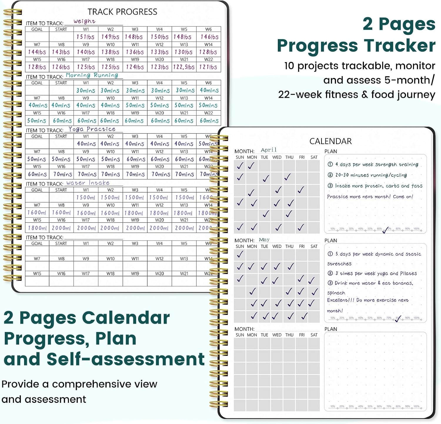 Fitness Journal for Women & Men, Food & Workout Journal Planner Log Book with Measuring Tape, Undated Wellness Planner to Track Weight Loss, Muscle Gain, Home Gym Exercise, Daily Nutrition, 9.5" X 7"