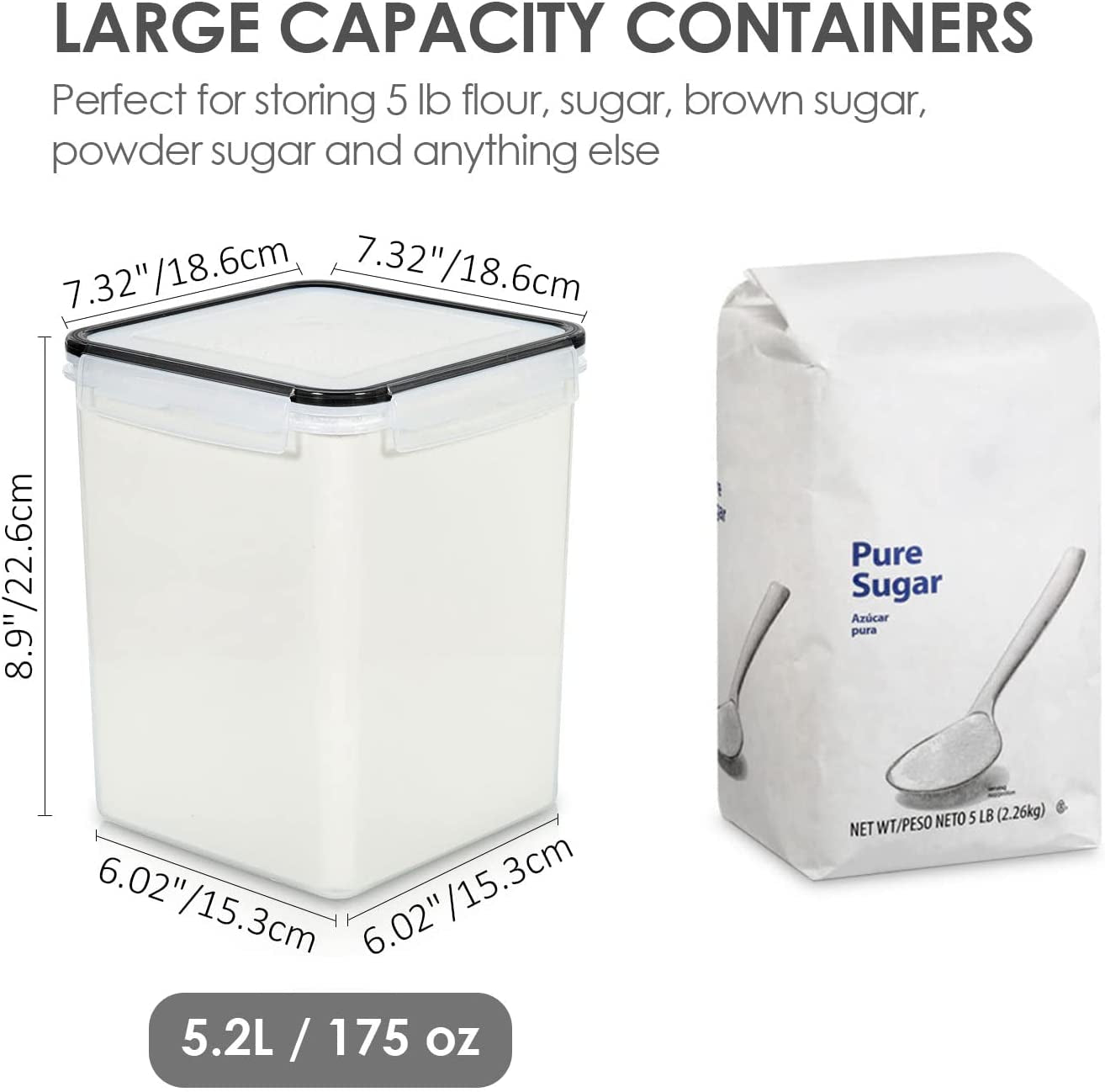 4 PCS Large Food Storage Containers 5.2L / 175Oz, 4 Pieces BPA Free Plastic Airtight Canisters for Flour, Sugar, Baking Supplies, Rice with Lids, 4 Measuring Cups and 24 Labels, Black