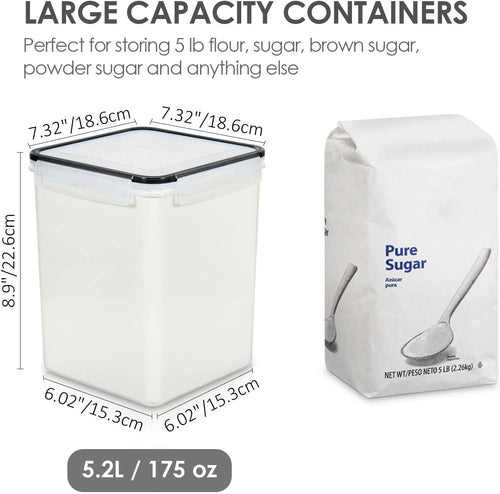 4 PCS Large Food Storage Containers 5.2L / 175Oz, 4 Pieces BPA Free Plastic Airtight Canisters for Flour, Sugar, Baking Supplies, Rice with Lids, 4 Measuring Cups and 24 Labels, Black