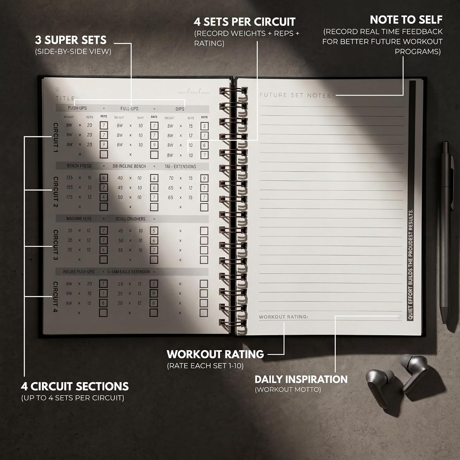 Ultimate Workout Journal - 3 Month Fitness Planner - Premium Hard Cover Workout Logbook - Men & Women Circuit Edition - Superset & Notes Page Side-By-Side