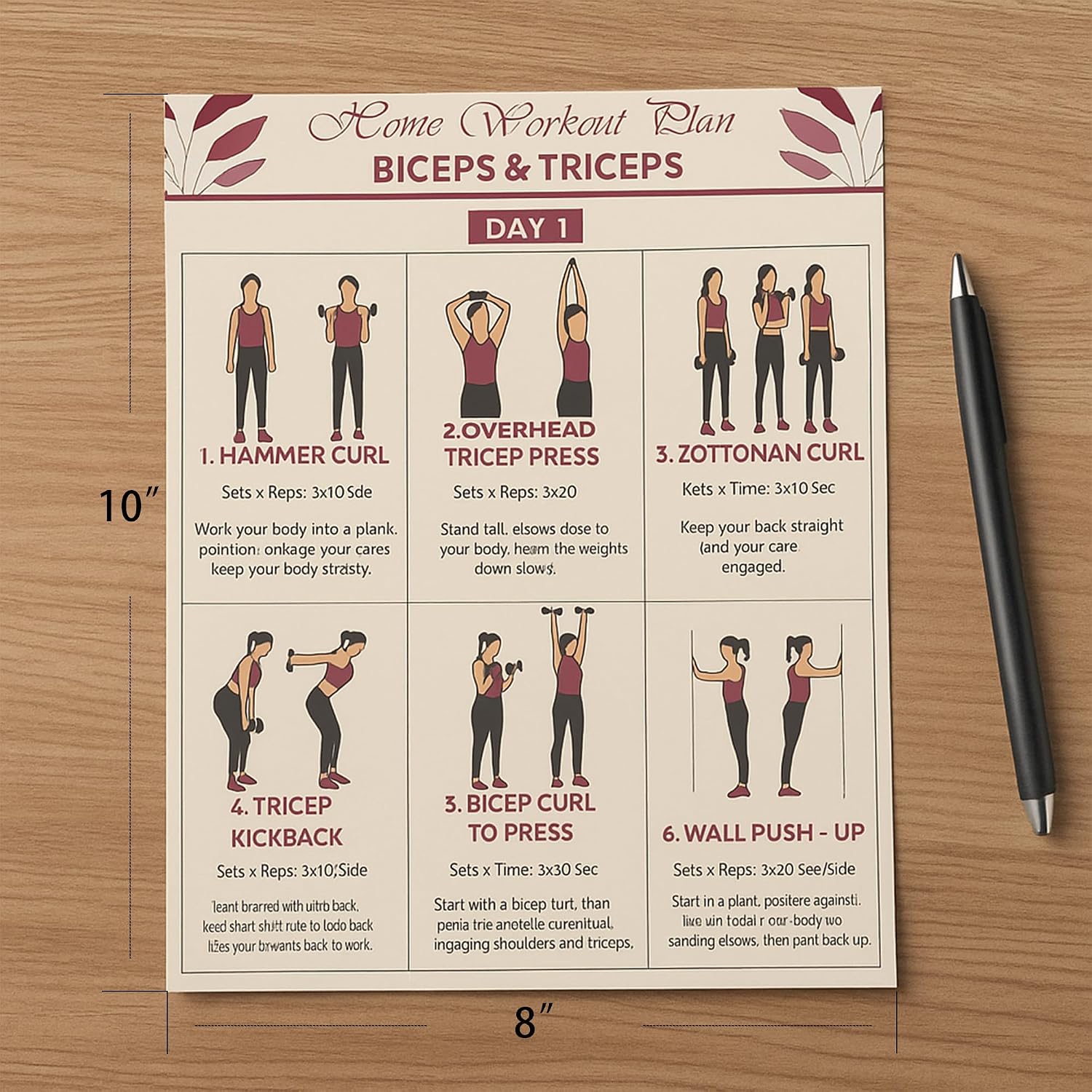6-Pack Dumbbell Workout Posters for Beginners | Home Fitness Plan with Daily Exercise Routines for Weight Loss & Muscle Tone, Strength & Flexibility | Cycle through Daily Guided Workouts | 8X10 Inch Charts (Red)
