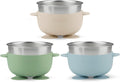 3 Pack Stainless Steel Baby Suction Bowls, Non-Slip Child Food Bowl with Silicone Sleeve for Kids Toddlers Infants, Unbreakable & Mess Free (Blue Green Beige)