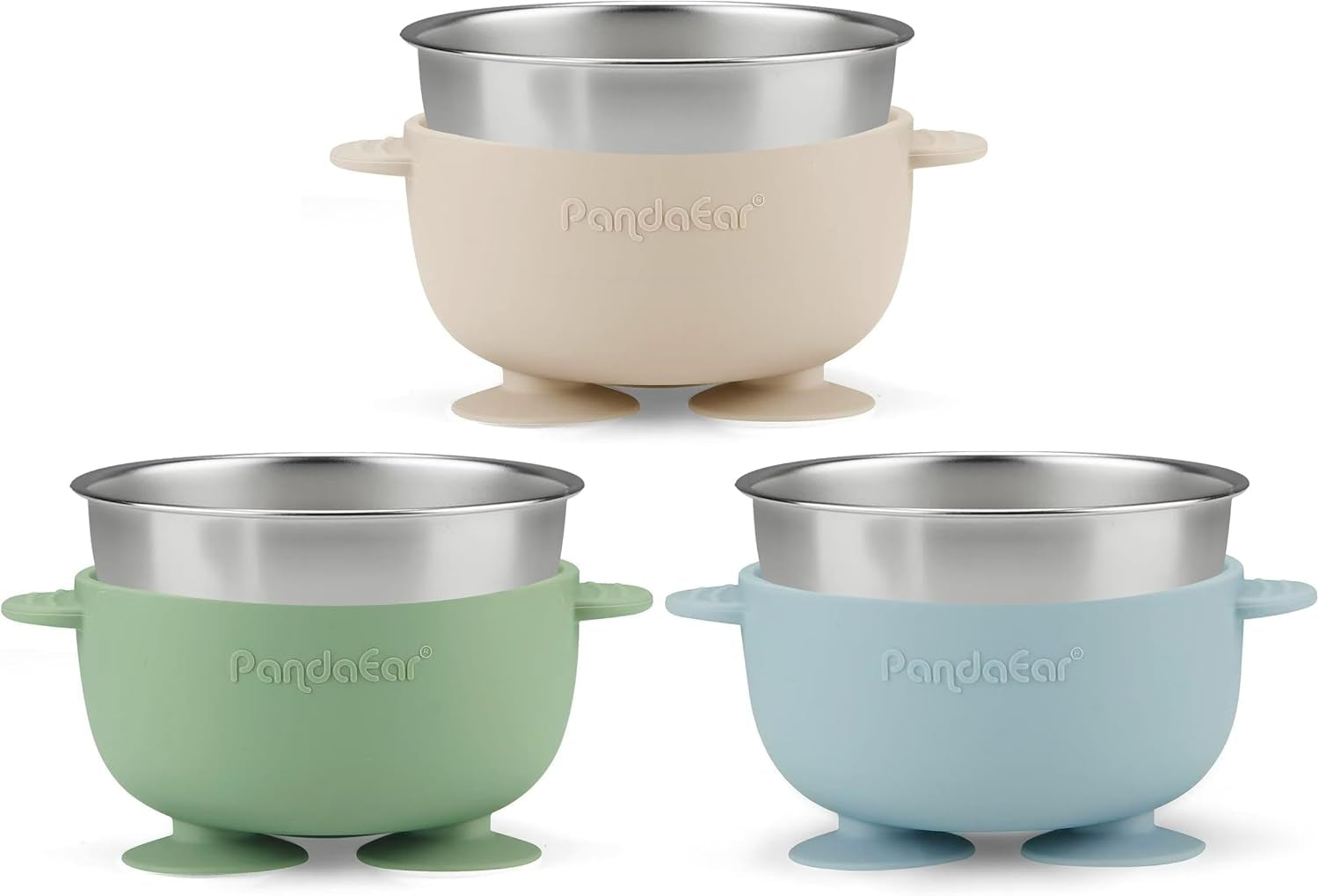 3 Pack Stainless Steel Baby Suction Bowls, Non-Slip Child Food Bowl with Silicone Sleeve for Kids Toddlers Infants, Unbreakable & Mess Free (Blue Green Beige)