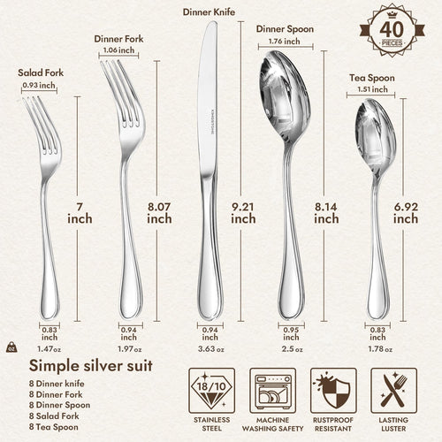 40 Piece Teardrop Silverware Set for 8, 18/10 Stainless Steel Flatware Set, Modern Design Cutlery Set for Home/Hotel/Wedding,Mirror Polished and Dishwasher Safe
