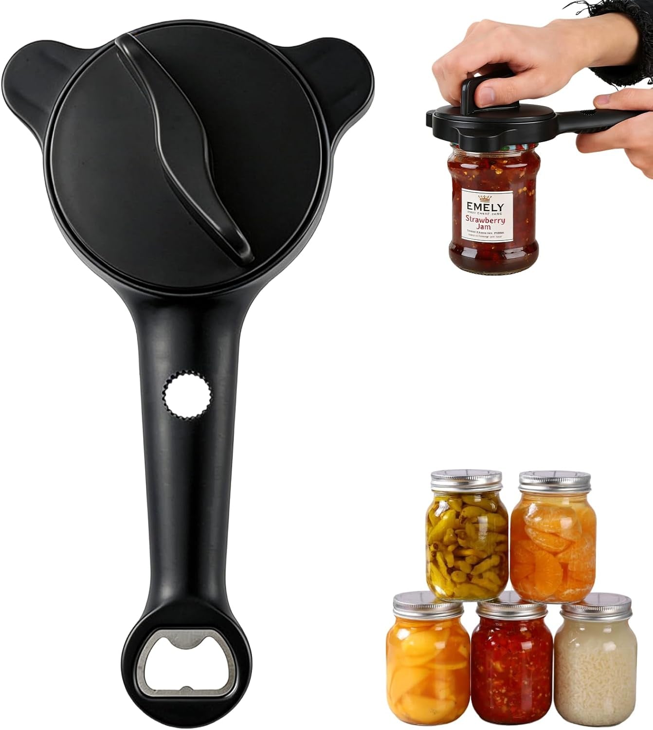 Multi-Functional Retractable Jar & Bottle Opener, Magnetic Stainless Steel Can Opener with Ergonomic Handle, Friendly Kitchen Gadget (Black)
