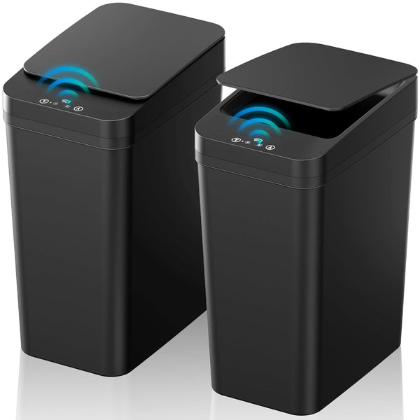 Bathroom Trash Can with Lid,  2 Pack 2.2 Gallon Automatic Touchless Garbage Can, Small Motion Sensor Smart Trash Can, Slim Waterproof Trash Bin for Bedroom, Bathroom, Office, Living Room (Black)