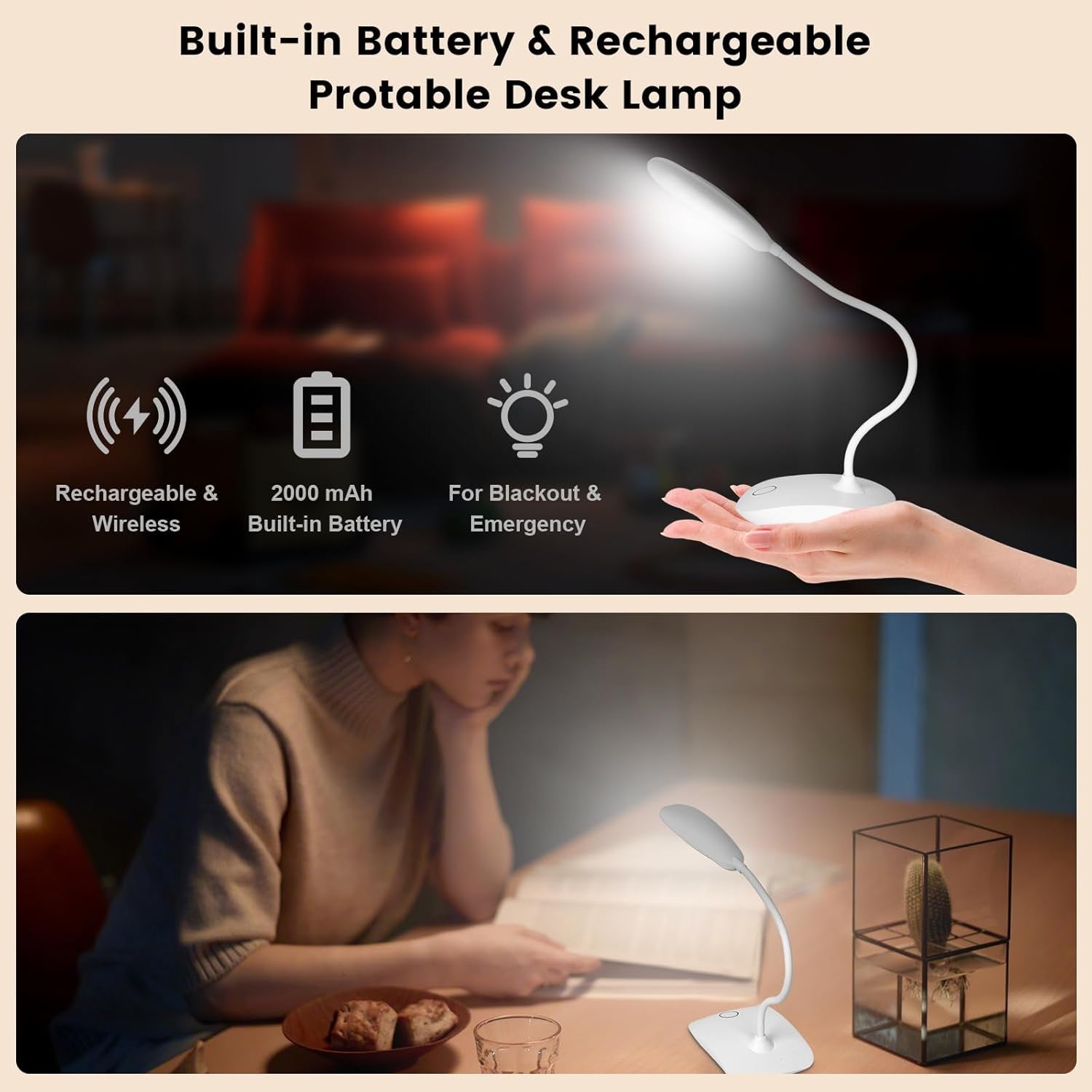 Battery Powered Desk Lamp, Portable Lamps Rechargeable 3 Color Modes Touch Control Stepless Dimming, Wireless Desk Lamp with 2000Mah, Small LED Table Light for Dorm Study Office Bedroom,White